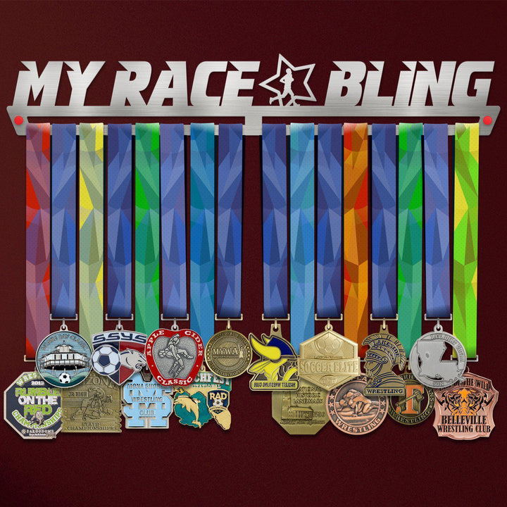 My Race Bling Medal Hanger Display MALE holding colorful medals with masculine-themed designs, ideal for organizing and showcasing achievements.
