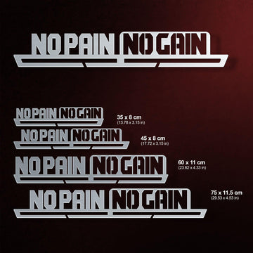 No Pain No Gain Medal Hanger Display shown in multiple sizes from 35 cm to 75 cm, suitable for holding 8 to 45 medals.