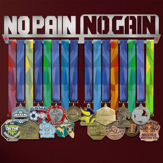 No Pain No Gain Medal Hanger Display holding colorful ribbons and various medals, ideal for organizing up to 48 awards in style.