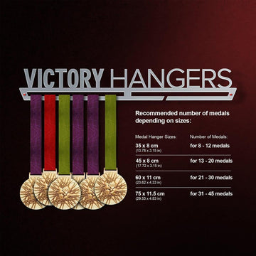 Victory Hangers size guide showing recommended medal capacity for each hanger size, from 8 to 45 medals.