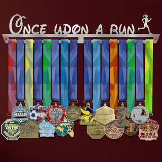 Once Upon A Run Medal Hanger Display FEMALE holding colorful ribbons and various medals, ideal for athletic women to showcase achievements.