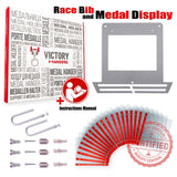 Complete Race Bib Holder + Medal Display Rack V1 set includes stainless steel rack, vinyl sheets, hooks, screws, and installation guide by Victory Hangers®.