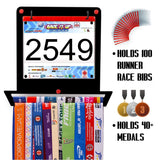 Victory Hangers® Race Bib Holder + Medal Rack V1 holds 100 race bibs and 40+ medals, perfect for organizing athletic achievements.