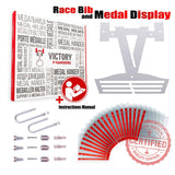 Victory Hangers® Race Bib Holder + Medal Display Rack V2 full set including mounting hardware, vinyl sleeves, and instruction manual for easy setup.