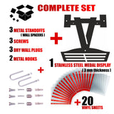 Complete set of Race Bib Holder + Medal Display Rack V2 includes stainless steel rack, vinyl sleeves, screws, hooks, and wall spacers.