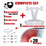 Complete Race Bib Holder + Medal Display Rack V2 set with stainless steel medal hanger, 20 vinyl sheets, screws, wall plugs, and metal hooks.
