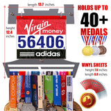 Race Bib Holder + Medal Hanger Display Rack V2 dimensions and capacity details showing it holds over 40 medals and includes large vinyl bib sleeves.
