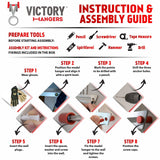 Victory Hangers® instruction and assembly guide for Race Bib Holder + Medal Display Rack V2 with step-by-step installation visuals and required tools.