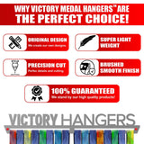 Victory Hangers® highlights features of Race Bib Holder + Medal Display Rack V2 including original design, lightweight build, and smooth brushed finish.