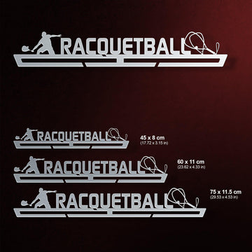 Racquetball Medal Hanger Display shown in three sizes: 45 cm, 60 cm, and 75 cm, made of brushed stainless steel for medal organization.