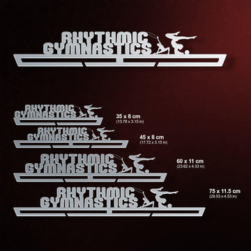 Multiple size options of Rhythmic Gymnastics Female Medal Hanger Display shown with dimensions from 35 cm to 75 cm for different medal capacities.