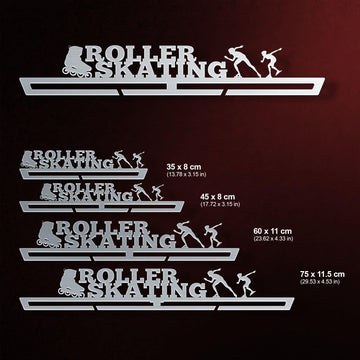Roller Skating Medal Hanger Display available in four sizes from 35 cm to 75 cm, made of durable stainless steel with skater-themed design.