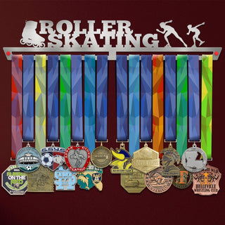 Roller Skating Medal Hanger Display showcasing colorful ribbons and various medals on a stainless steel rack with roller skating silhouette design.