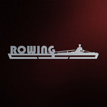 Rowing Medal Hanger Display V1 made of brushed stainless steel featuring a rower silhouette and bold 'ROWING' text, ideal for medal organization.