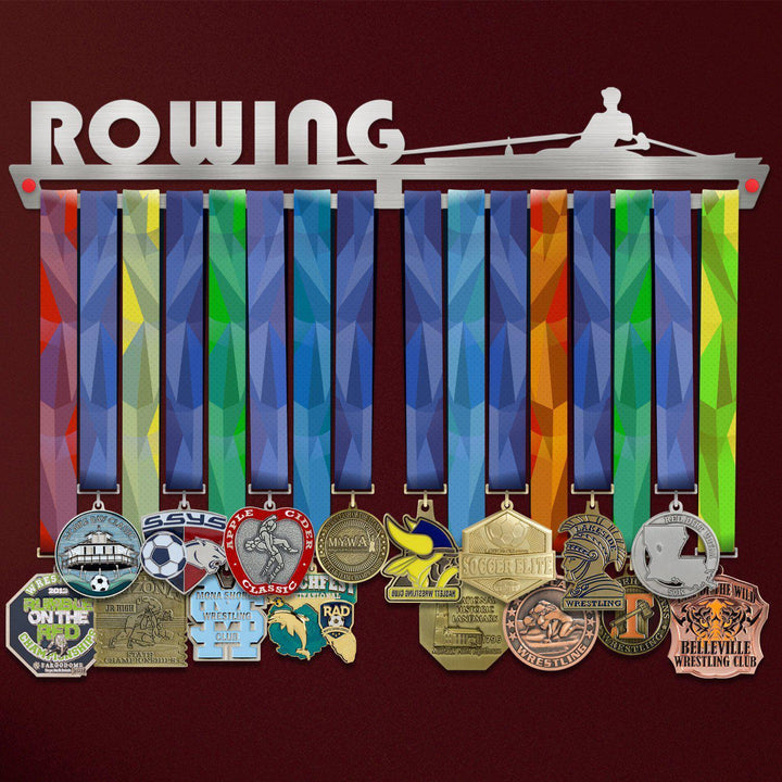 Rowing Medal Hanger Display V1 showcasing colorful ribbons and various medals on a stainless steel rack with a rowing silhouette design.