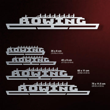 Rowing V2 Medal Hanger Display available in multiple sizes from 35 cm to 75 cm, featuring a brushed steel rowing design.