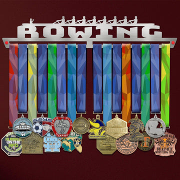 Rowing V2 Medal Hanger Display showcasing colorful medals on a brushed stainless steel rack with rowing silhouette design.