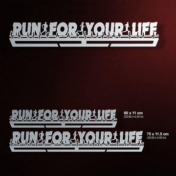 Three size options of the Run For Your Life Medal Hanger Display by Victory Hangers, with measurements in cm for 60 and 75 cm widths.