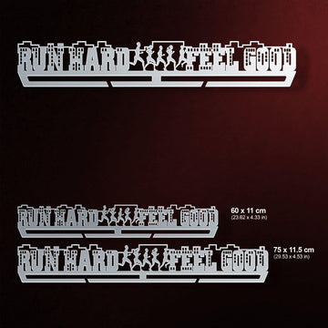 Three size options of Run Hard Feel Good Medal Hanger Display shown with dimensions 60x11 cm and 75x11.5 cm for medal organization.