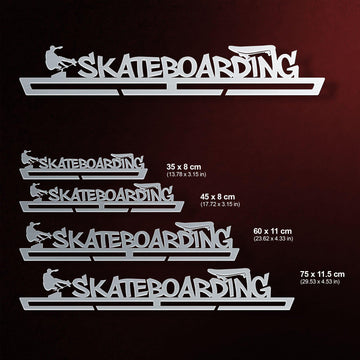 Skateboarding Medal Hanger Display available in multiple sizes from 35 cm to 75 cm, each with a sleek stainless steel finish and skater design.