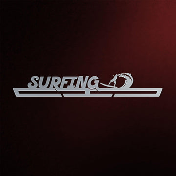 Stainless steel Surfing Medal Hanger Display featuring a sleek surfer silhouette cutout, ideal for organizing and displaying medals.