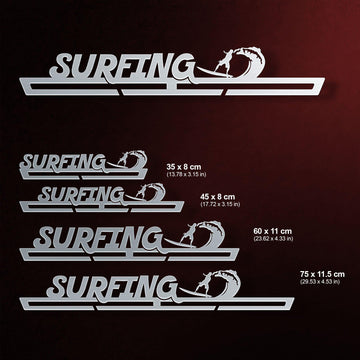 Surfing Medal Hanger Display available in multiple sizes from 35 cm to 75 cm, made of brushed stainless steel with a surfer design.