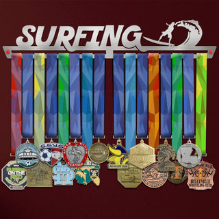 Surfing Medal Hanger Display showcasing colorful ribbons and various medals on a stainless steel rack with a surfer silhouette design.