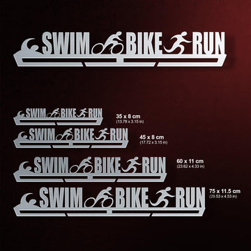 Swim Bike Run Medal Hanger Display V1 Triathlon Metal Rack shown in four different sizes with dimensions for medal capacity comparison.