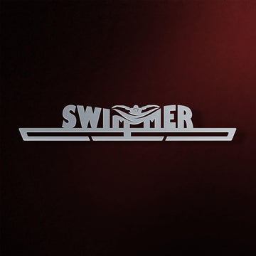 Swimmer Medal Hanger Display V1 in brushed stainless steel featuring a swimmer icon and two-tier bar for hanging medals.