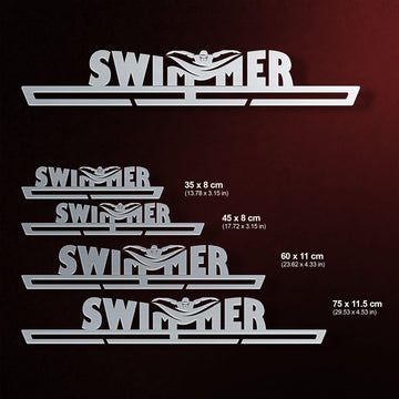 Swimmer Medal Hanger Display V1 shown in four size options with dimensions ranging from 35 cm to 75 cm for different medal capacities.