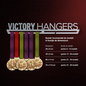 Victory Hangers size guide for Swimmer Medal Hanger Display V1 showing recommended medal quantities per size from 8 to 45 medals.