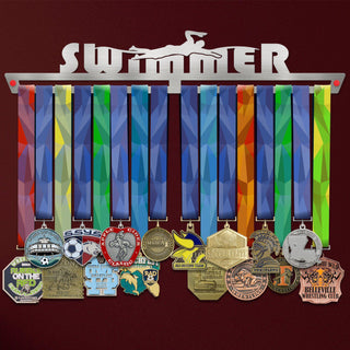 Swimmer Medal Hanger Display V2 showcasing colorful ribbons and various medals, ideal for organizing swimming achievements in style.