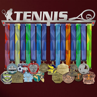 Tennis Medal Hanger Display FEMALE showcasing colorful ribbons and various medals, ideal for organizing tennis achievements stylishly.