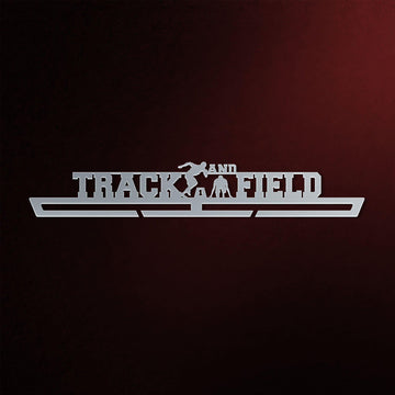 Track And Field Medal Hanger Display in brushed stainless steel with cutout silhouette design, perfect for showcasing athletic achievements.