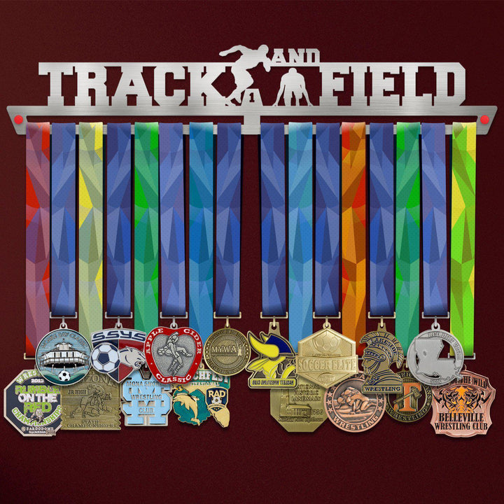 Track And Field Medal Hanger Display with colorful ribbons and various medals hanging on a stainless steel rack. Ideal for organizing sports awards.
