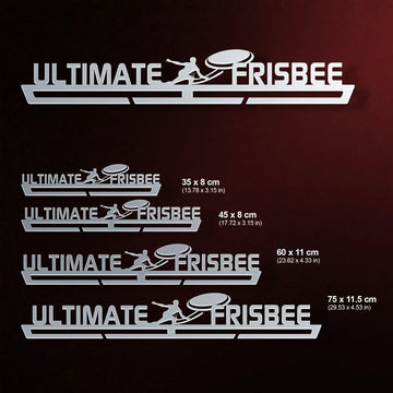 Ultimate Frisbee Medal Hanger Display shown in four size options with dimensions, suitable for different medal quantities.