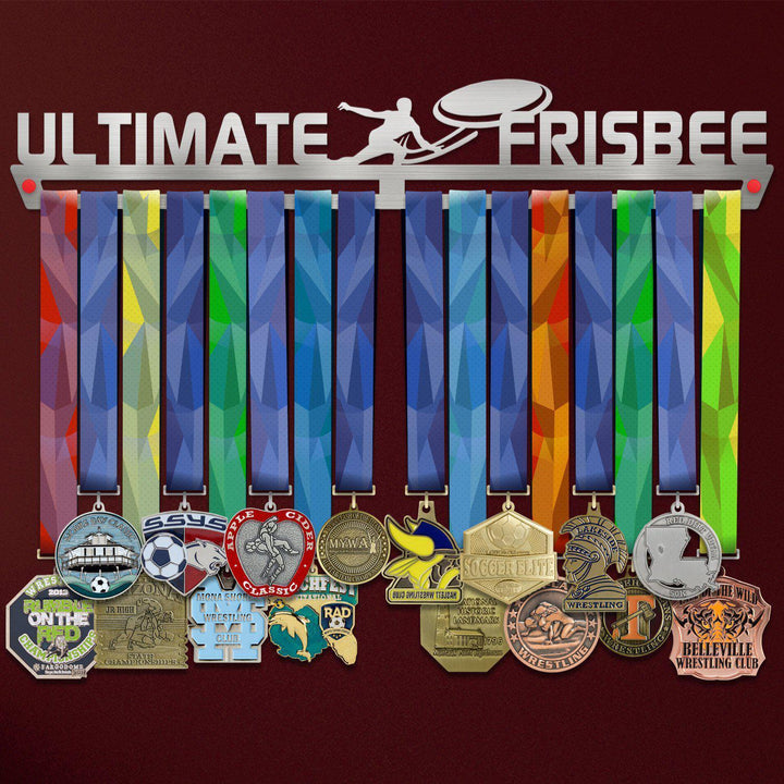 Ultimate Frisbee Medal Hanger Display holding colorful ribbons and various sports medals, made of stainless steel for wall mounting.