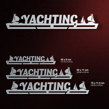 Yachting V2 Medal Hanger Display shown in three sizes: 45x8 cm, 60x11 cm, and 75x11.5 cm, suitable for various medal collections.
