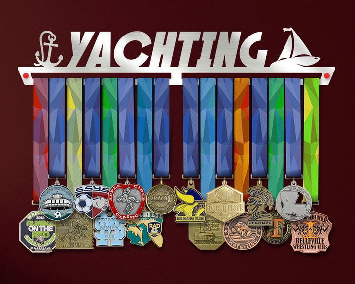 Yachting V2 Medal Hanger Display holding multiple colorful medals with nautical-themed design, ideal for organizing yachting achievements.